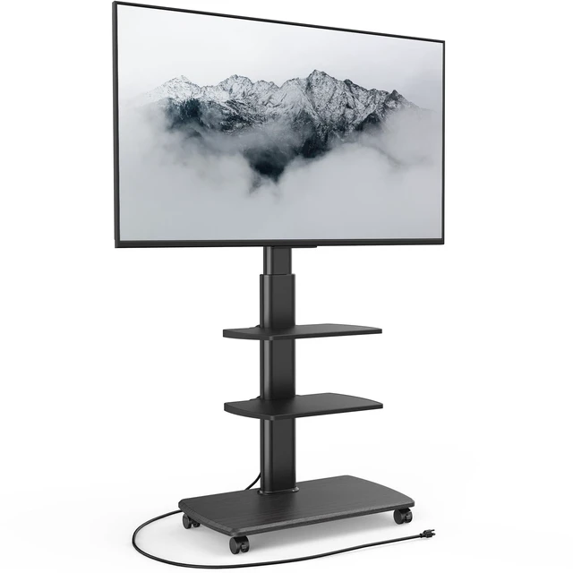 Main image of Rolling TV Stand with Power Outlets, for 32-75 InchTVs, Black Swivel Portable TV Stand with Height Adjustable&Wood Base, Mobile TV Cart with 2 Shelves for Bedroom Living Room Home Office