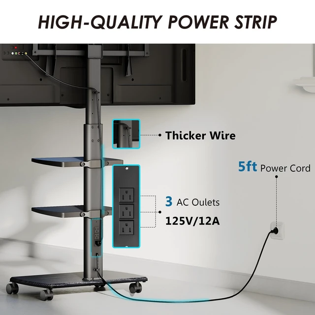 Alt view image 2 of 7 - Rolling TV Stand with Power Outlets, for 32-75 InchTVs, Black Swivel Portable TV Stand with Height Adjustable&Wood Base, Mobile TV Cart with 2 Shelves for Bedroom Living Room Home Office