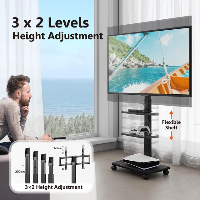 Alt view image 3 of 7 - Rolling TV Stand with Power Outlets, for 32-75 InchTVs, Black Swivel Portable TV Stand with Height Adjustable&Wood Base, Mobile TV Cart with 2 Shelves for Bedroom Living Room Home Office