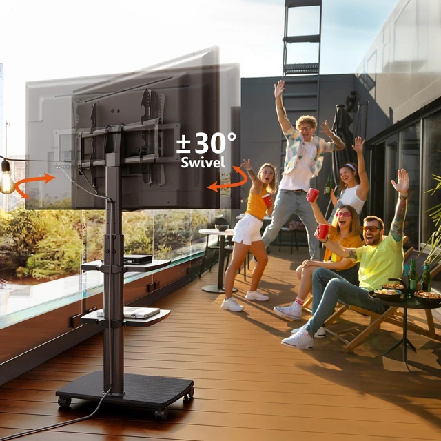 Alt view image 4 of 7 - Rolling TV Stand with Power Outlets, for 32-75 InchTVs, Black Swivel Portable TV Stand with Height Adjustable&Wood Base, Mobile TV Cart with 2 Shelves for Bedroom Living Room Home Office