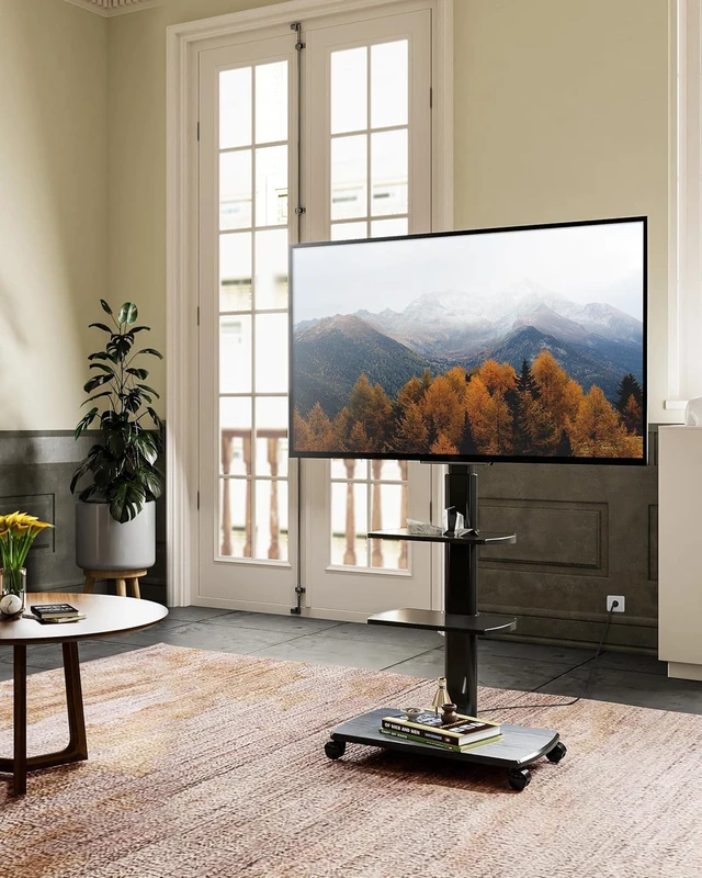 Alt view image 7 of 7 - Rolling TV Stand with Power Outlets, for 32-75 InchTVs, Black Swivel Portable TV Stand with Height Adjustable&Wood Base, Mobile TV Cart with 2 Shelves for Bedroom Living Room Home Office