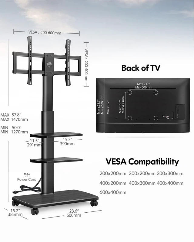Alt view image 6 of 7 - Rolling TV Stand with Power Outlets, for 32-75 InchTVs, Black Swivel Portable TV Stand with Height Adjustable&Wood Base, Mobile TV Cart with 2 Shelves for Bedroom Living Room Home Office