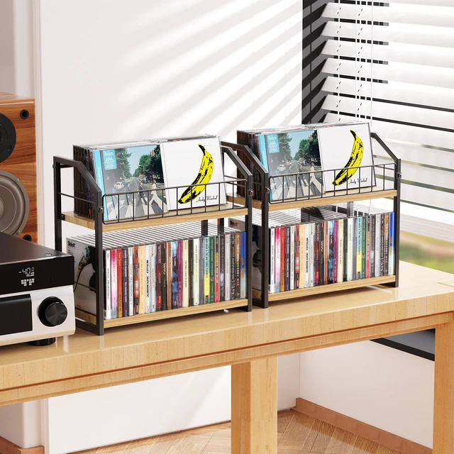 Alt view image 2 of 7 - CD Storage, 2 Tier CD holder & Display, 60 Capacity-Natural Wood 2 Pack Versatile CD organizer works for DVD storage, books and other media items, keeping jewel cases neat and accessible