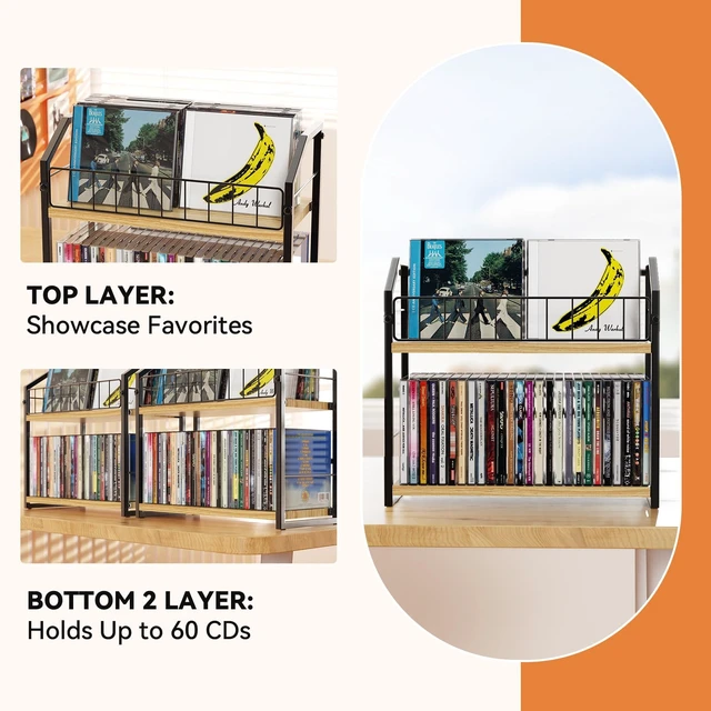 Alt view image 4 of 7 - CD Storage, 2 Tier CD holder & Display, 60 Capacity-Natural Wood 2 Pack Versatile CD organizer works for DVD storage, books and other media items, keeping jewel cases neat and accessible