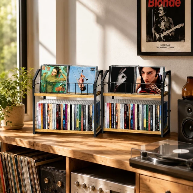 Alt view image 5 of 7 - CD Storage, 2 Tier CD holder & Display, 60 Capacity-Natural Wood 2 Pack Versatile CD organizer works for DVD storage, books and other media items, keeping jewel cases neat and accessible