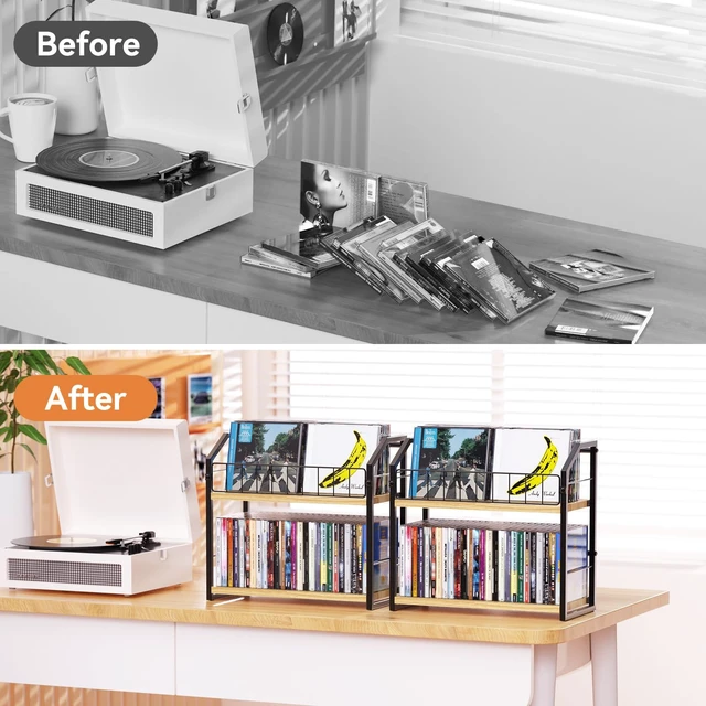 Alt view image 7 of 7 - CD Storage, 2 Tier CD holder & Display, 60 Capacity-Natural Wood 2 Pack Versatile CD organizer works for DVD storage, books and other media items, keeping jewel cases neat and accessible