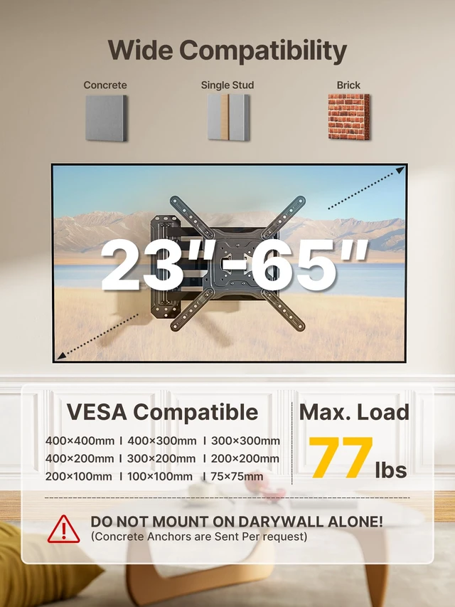 Alt view image 2 of 7 - 37 Inch Long Arm TV Wall Mount for 23-65 Inch TVs Long Extension TV Mount, Swivel&Tilt&Leveling, Full Motion Wall Mount TV Bracket, Max VESA 400 x 400mm, Up to 77 lbs