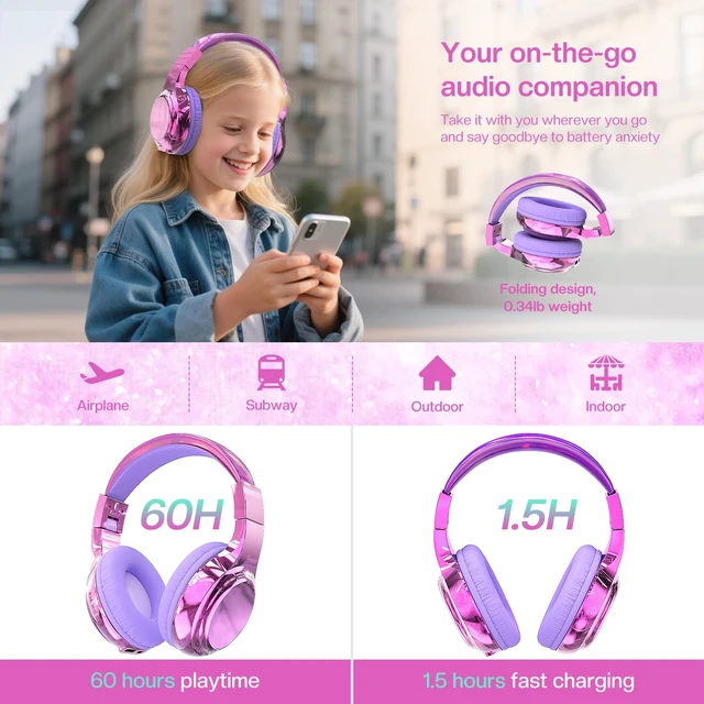 Alt view image 3 of 7 - Kids Bluetooth Headphones, 60H Playtime, 74/85/94dB Volume Limit For school, tablet, travel, kids wireless headphones feature HD mic, fast charging, foldable design, boys girls, wired mode