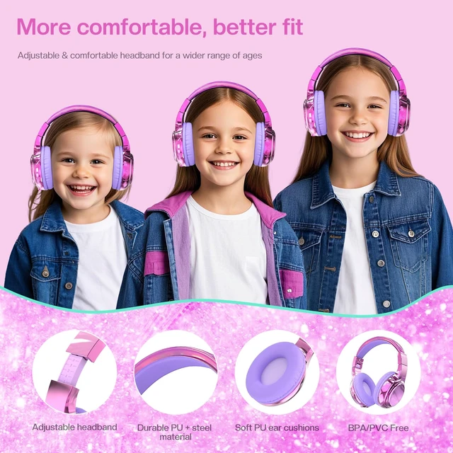 Alt view image 4 of 7 - Kids Bluetooth Headphones, 60H Playtime, 74/85/94dB Volume Limit For school, tablet, travel, kids wireless headphones feature HD mic, fast charging, foldable design, boys girls, wired mode