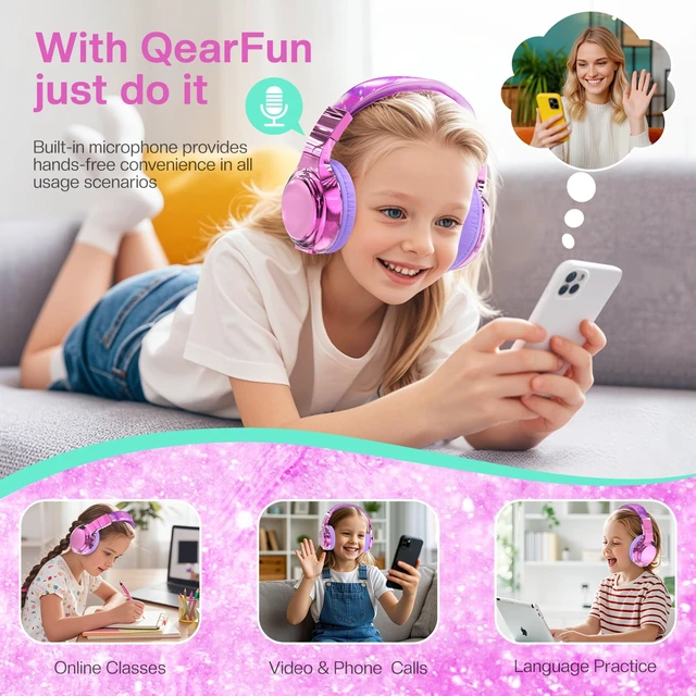 Alt view image 5 of 7 - Kids Bluetooth Headphones, 60H Playtime, 74/85/94dB Volume Limit For school, tablet, travel, kids wireless headphones feature HD mic, fast charging, foldable design, boys girls, wired mode