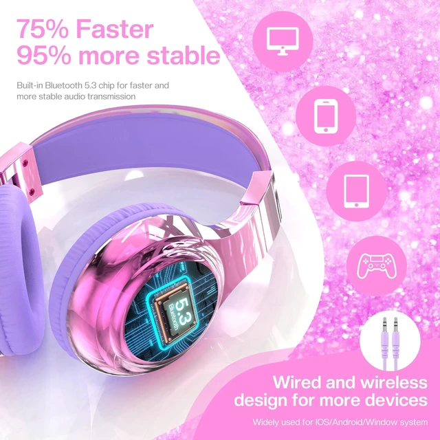 Alt view image 6 of 7 - Kids Bluetooth Headphones, 60H Playtime, 74/85/94dB Volume Limit For school, tablet, travel, kids wireless headphones feature HD mic, fast charging, foldable design, boys girls, wired mode