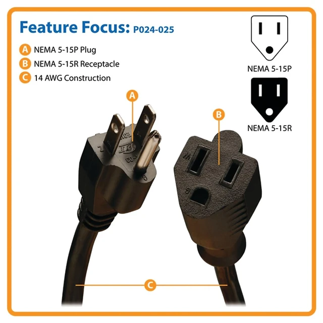 Alt view image 2 of 2 - Power Cord Extension Cable, Heavy Duty, 14AWG, 5-15P to 5-15R, 15A, 25' (P024-025) black