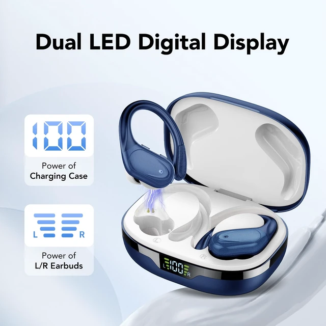 Alt view image 2 of 7 - Ear buds Wireless Earbuds Bluetooth 5.3 Headphones 60hrs Playtime with Digital Display Sports Wireless Headphones with Earhook Deep Bass IPX7 Waterproof Over-Ear Earbuds for Android iOS Workout Blue