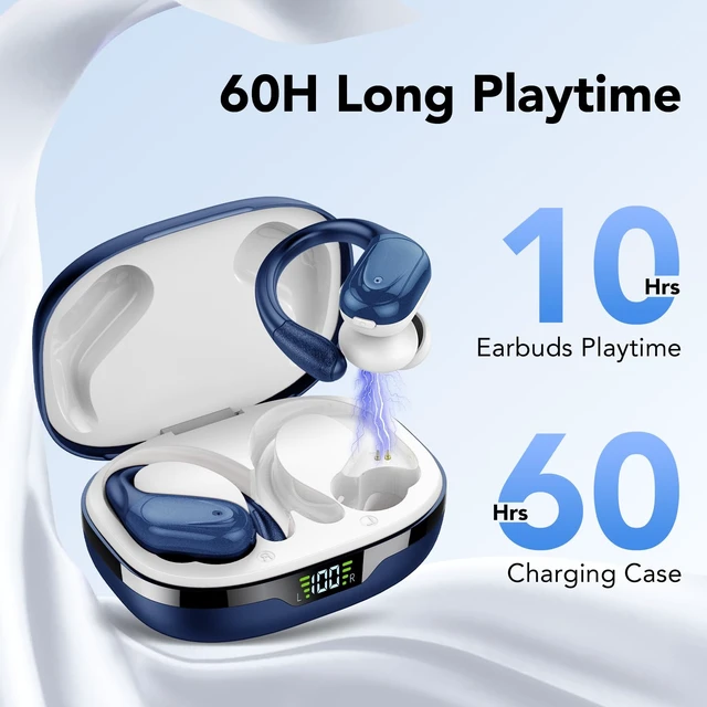 Alt view image 3 of 7 - Ear buds Wireless Earbuds Bluetooth 5.3 Headphones 60hrs Playtime with Digital Display Sports Wireless Headphones with Earhook Deep Bass IPX7 Waterproof Over-Ear Earbuds for Android iOS Workout Blue