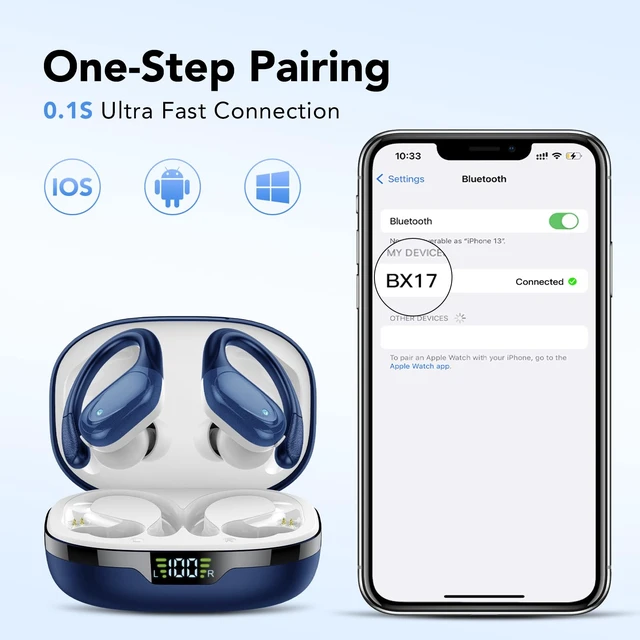 Alt view image 6 of 7 - Ear buds Wireless Earbuds Bluetooth 5.3 Headphones 60hrs Playtime with Digital Display Sports Wireless Headphones with Earhook Deep Bass IPX7 Waterproof Over-Ear Earbuds for Android iOS Workout Blue