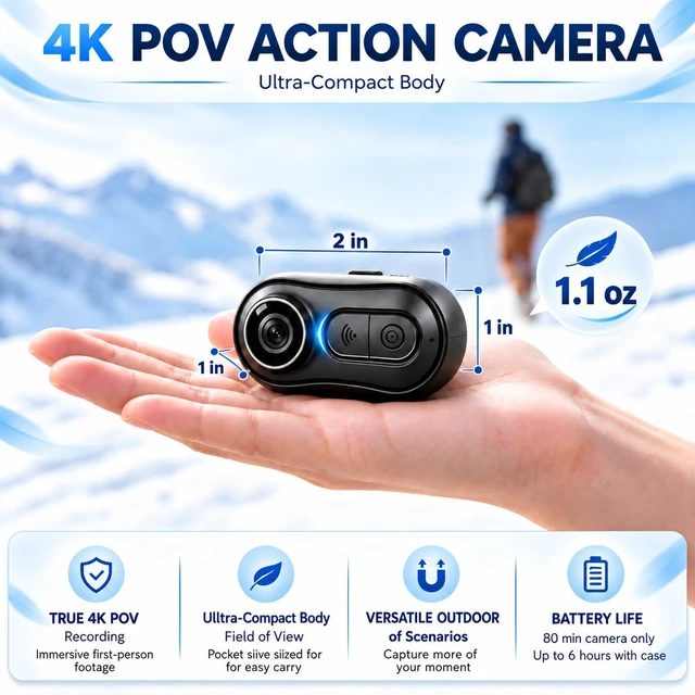 Alt view image 5 of 7 - 4K Body Camera Mini - 64GB Magnetic Thumb Action Cam, 6-Axis Stabilization - POV Portable Wearable Video Recorder with IPX7 Underwater Camcorder, Helmet Mount, Magnetic Sports DV for Cycling Vlog