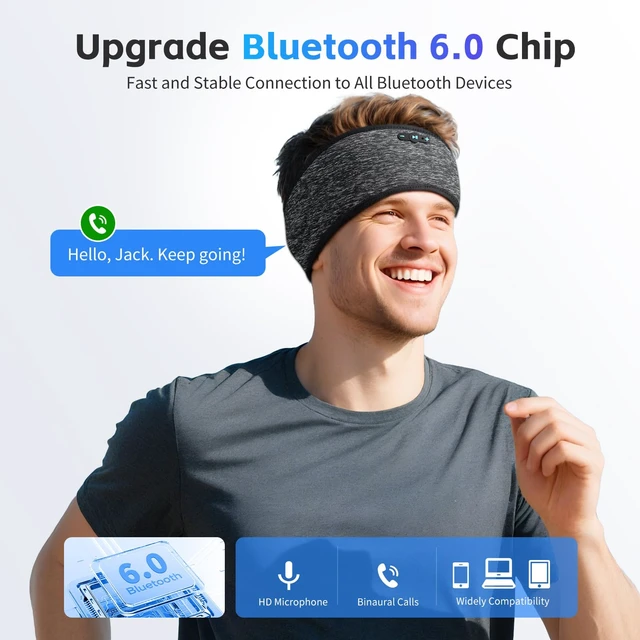 Alt view image 3 of 7 - Sleep Headphones Bluetooth 6.0 Headband for Side Sleepers, Black Bluetooth 6.0, 200mAh cell for 20hr playback, built-in speakers & mic, removable & washable,2-in-1 sports- & sleep headband