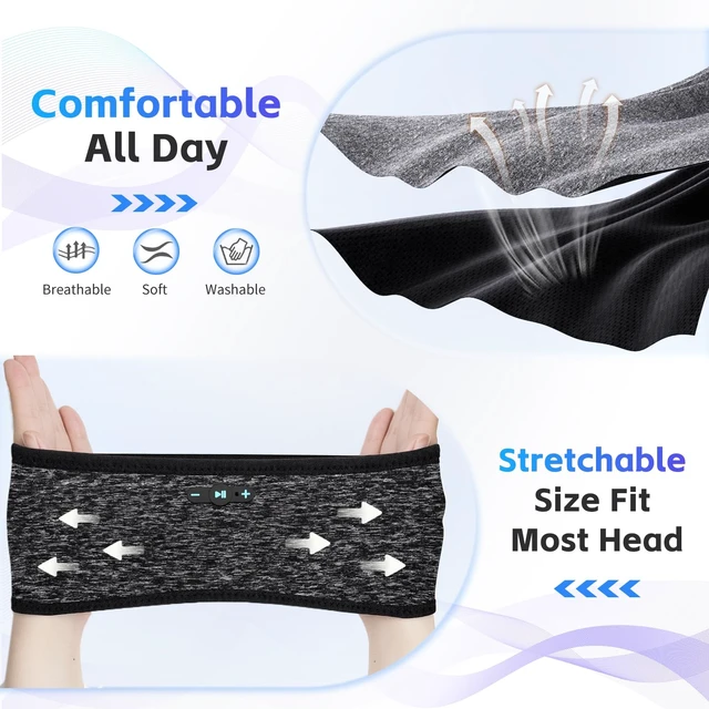 Alt view image 5 of 7 - Sleep Headphones Bluetooth 6.0 Headband for Side Sleepers, Black Bluetooth 6.0, 200mAh cell for 20hr playback, built-in speakers & mic, removable & washable,2-in-1 sports- & sleep headband