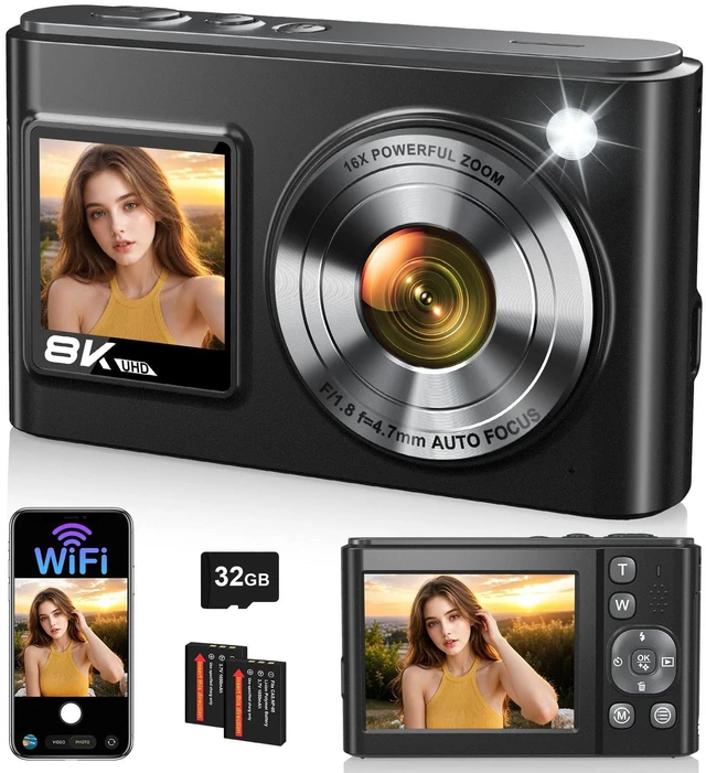Main image of 8K Digital Camera, 96MP WiFi Camera for Photography with Dual Screen(Black) Autofocus, Anti-Shake, 16X Zoom, Vlogging Point Shoot Camera for Teens, Beginners, Travel, 2 Batteries, 32GB Card