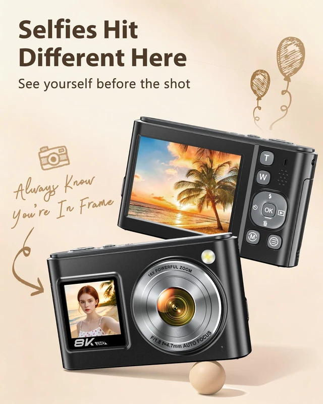 Alt view image 2 of 7 - 8K Digital Camera, 96MP WiFi Camera for Photography with Dual Screen(Black) Autofocus, Anti-Shake, 16X Zoom, Vlogging Point Shoot Camera for Teens, Beginners, Travel, 2 Batteries, 32GB Card