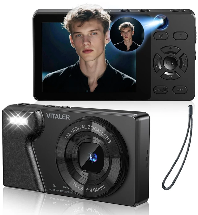 Main image of 4K Digital Camera with Front Rear Lens, Autofocus 64MP,NO Card, Metal Shell Built-in 2000mAh Battery, Non-Slip Handle, Flash, 2.8" Screen, 18X Zoom for Beginner Teens Adult,Party & Travel, Black