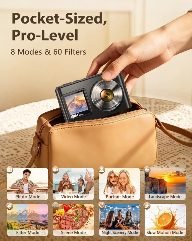Alt view image 7 of 7 - 8K Digital Camera, 96MP WiFi Camera for Photography with Dual Screen(Black) Autofocus, Anti-Shake, 16X Zoom, Vlogging Point Shoot Camera for Teens, Beginners, Travel, 2 Batteries, 32GB Card