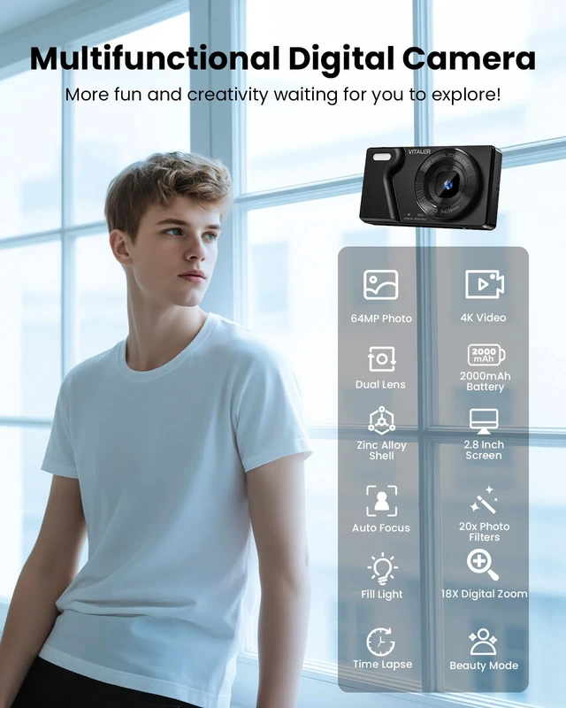 Alt view image 3 of 7 - 4K Digital Camera with Front Rear Lens, Autofocus 64MP,NO Card, Metal Shell Built-in 2000mAh Battery, Non-Slip Handle, Flash, 2.8" Screen, 18X Zoom for Beginner Teens Adult,Party & Travel, Black