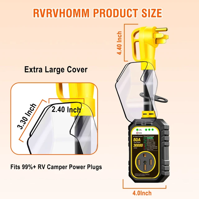 Alt view image 3 of 7 - 30000J 50Amp RV Surge Protector 50 Amp Flag Design - Upgraded Power Surges Voltage Protection Circuit Analyzer IP68 Waterproof Cover for 50A RVS Camper Trailer Must Haves (50Amp, Yellow)