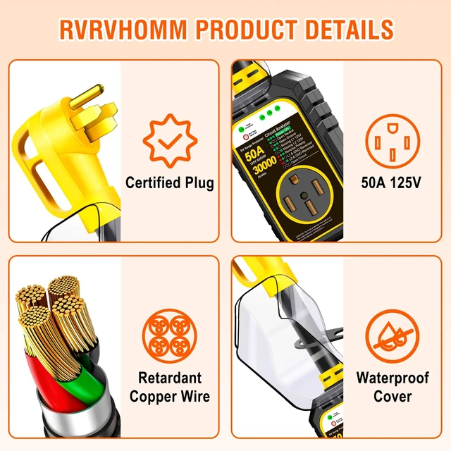 Alt view image 4 of 7 - 30000J 50Amp RV Surge Protector 50 Amp Flag Design - Upgraded Power Surges Voltage Protection Circuit Analyzer IP68 Waterproof Cover for 50A RVS Camper Trailer Must Haves (50Amp, Yellow)