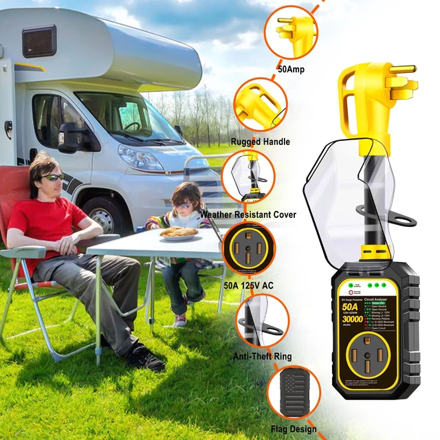 Alt view image 6 of 7 - 30000J 50Amp RV Surge Protector 50 Amp Flag Design - Upgraded Power Surges Voltage Protection Circuit Analyzer IP68 Waterproof Cover for 50A RVS Camper Trailer Must Haves (50Amp, Yellow)