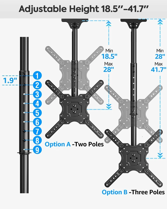 Alt view image 2 of 7 - Ceiling TV Mount for Most 24''- 65'' TVs, Hanging TV Ceiling Mount for 32 42 43 50 55 60 65 inch Screen, Full Motion Height Adjustable Bracket, Holes up to 99lbs, Max VESA 400x400mm, MU0039