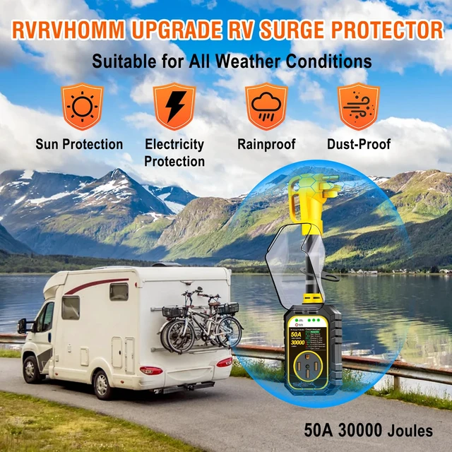Alt view image 7 of 7 - 30000J 50Amp RV Surge Protector 50 Amp Flag Design - Upgraded Power Surges Voltage Protection Circuit Analyzer IP68 Waterproof Cover for 50A RVS Camper Trailer Must Haves (50Amp, Yellow)