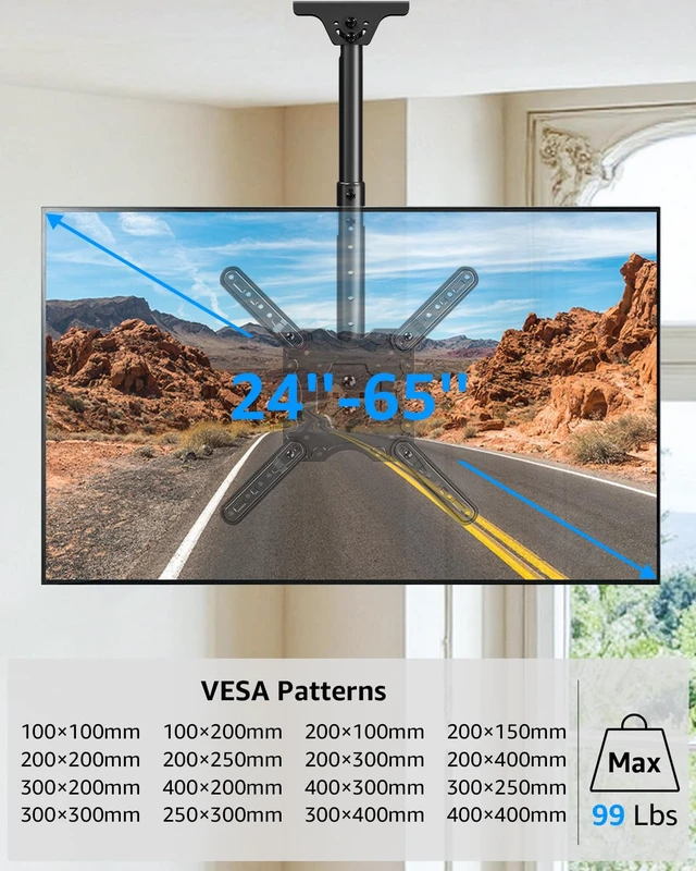 Alt view image 6 of 7 - Ceiling TV Mount for Most 24''- 65'' TVs, Hanging TV Ceiling Mount for 32 42 43 50 55 60 65 inch Screen, Full Motion Height Adjustable Bracket, Holes up to 99lbs, Max VESA 400x400mm, MU0039