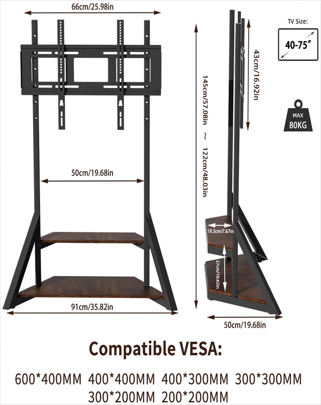 Alt view image 2 of 6 - Corner TV Mount Stand for Living Room with Wheels 40 45 55 65 75 inch Adjustable Height Bracket Heavy Duty 2 Wooden Shelves Base VESA 600x400mm Max Load Bearing 176 pounds