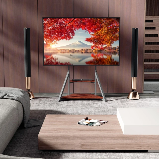 Alt view image 4 of 6 - Corner TV Mount Stand for Living Room with Wheels 40 45 55 65 75 inch Adjustable Height Bracket Heavy Duty 2 Wooden Shelves Base VESA 600x400mm Max Load Bearing 176 pounds
