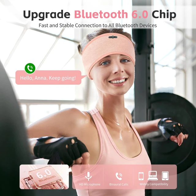 Alt view image 3 of 7 - Sleep Headphones Bluetooth 6.0 Headband for Side Sleepers (Light Pink) 200mah cell for 20hr playback, 3mm ultra-thin speaker & mic, HD stereo, removable and washable, 2-in-1 sport & sleep headband