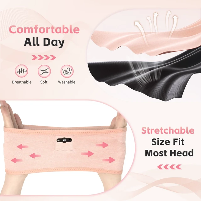 Alt view image 5 of 7 - Sleep Headphones Bluetooth 6.0 Headband for Side Sleepers (Light Pink) 200mah cell for 20hr playback, 3mm ultra-thin speaker & mic, HD stereo, removable and washable, 2-in-1 sport & sleep headband