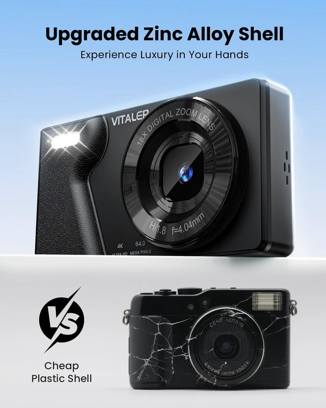 Alt view image 5 of 7 - 4K Digital Camera with Front Rear Lens, Autofocus 64MP,NO Card, Metal Shell Built-in 2000mAh Battery, Non-Slip Handle, Flash, 2.8" Screen, 18X Zoom for Beginner Teens Adult,Party & Travel, Black