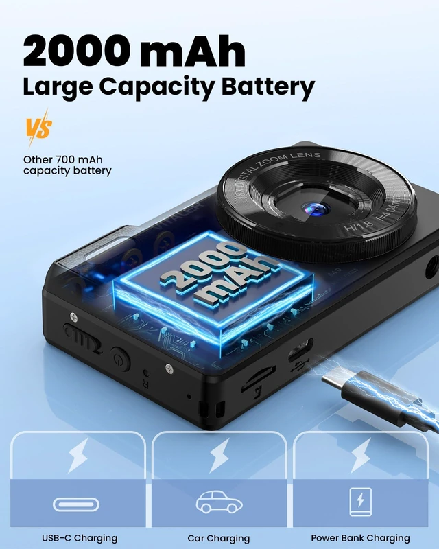 Alt view image 4 of 7 - 4K Digital Camera with Front Rear Lens, Autofocus 64MP,NO Card, Metal Shell Built-in 2000mAh Battery, Non-Slip Handle, Flash, 2.8" Screen, 18X Zoom for Beginner Teens Adult,Party & Travel, Black