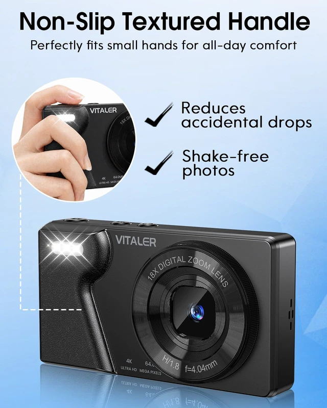 Alt view image 6 of 7 - 4K Digital Camera with Front Rear Lens, Autofocus 64MP,NO Card, Metal Shell Built-in 2000mAh Battery, Non-Slip Handle, Flash, 2.8" Screen, 18X Zoom for Beginner Teens Adult,Party & Travel, Black