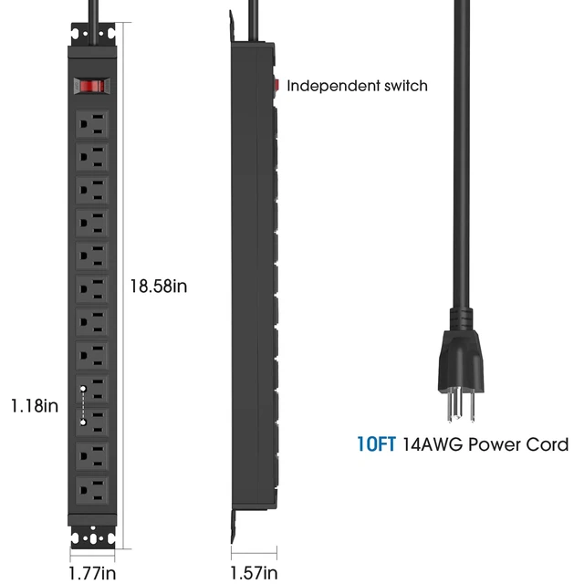 Alt view image 7 of 7 - Rotating 12 Outlet Surge Protector Power Strip 1200J, 10FT, Black, 1 Metal Heavy Duty and Versatile Outlet Strip, Mountable Power Strip Suitable for Households Offices Industries