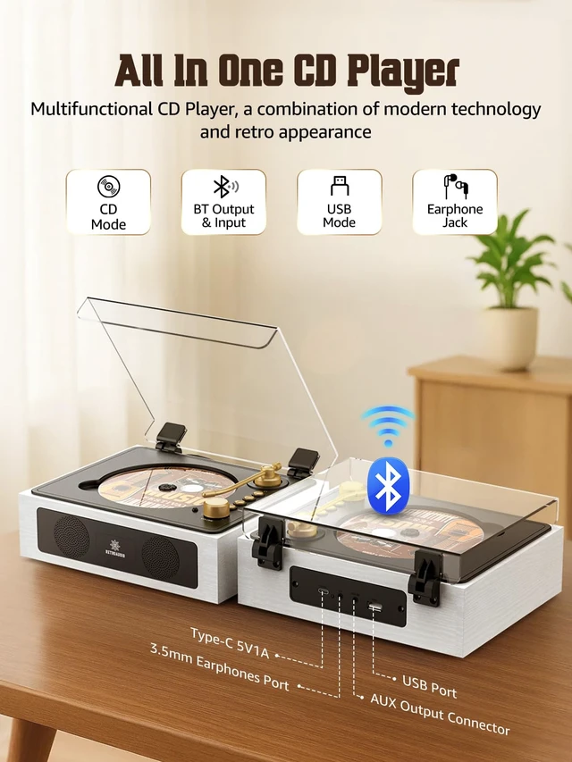 Alt view image 2 of 6 - CD Player with Built-in Speakers Bluetooth Retro Portable CD Players for Home Music Player with Remote Control Headphone Jack (White)