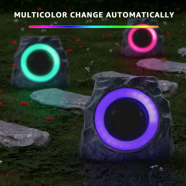 Alt view image 3 of 7 - 2-Pack Solar Rock Speakers Outdoor Water-Resistant with RGB Lights Pairing System Solar-Powered USB Rechargeable IP44 for Patio Pool Party Yard Garden Outside