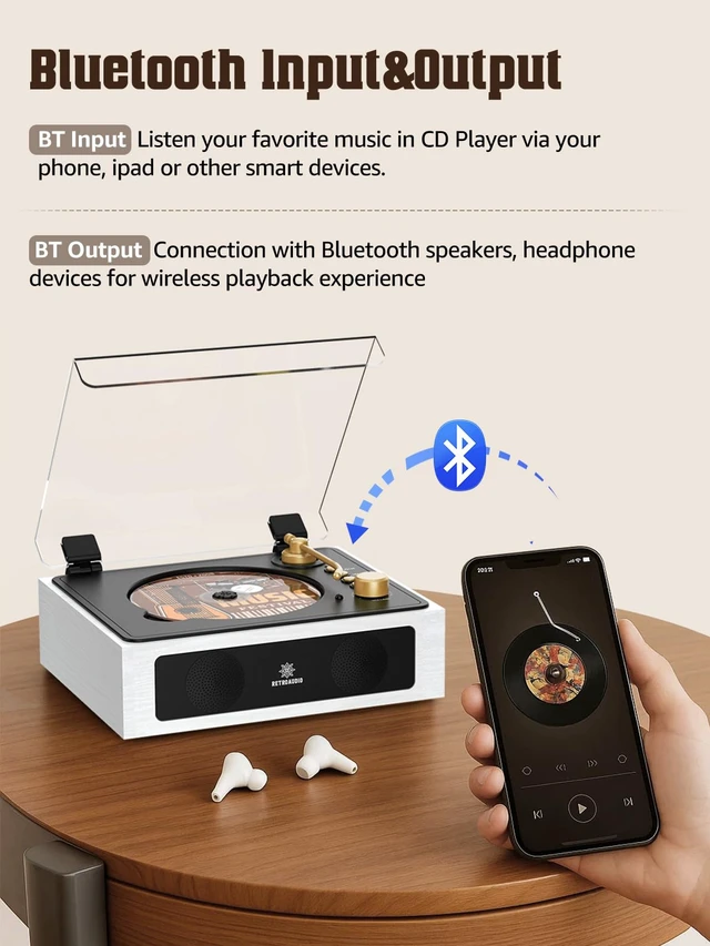 Alt view image 3 of 6 - CD Player with Built-in Speakers Bluetooth Retro Portable CD Players for Home Music Player with Remote Control Headphone Jack (White)