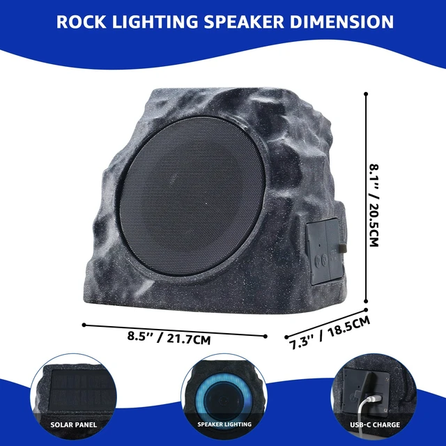 Alt view image 5 of 7 - 2-Pack Solar Rock Speakers Outdoor Water-Resistant with RGB Lights Pairing System Solar-Powered USB Rechargeable IP44 for Patio Pool Party Yard Garden Outside