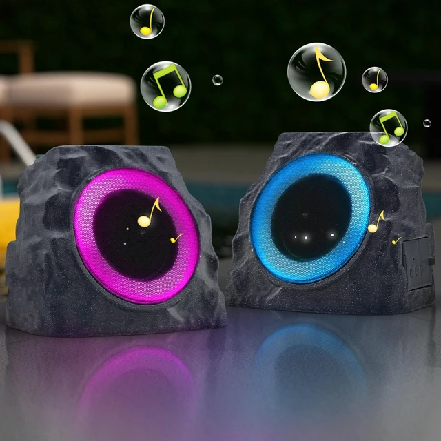 Alt view image 7 of 7 - 2-Pack Solar Rock Speakers Outdoor Water-Resistant with RGB Lights Pairing System Solar-Powered USB Rechargeable IP44 for Patio Pool Party Yard Garden Outside