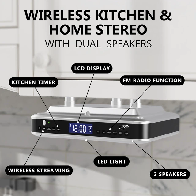 Alt view image 2 of 7 - Bluetooth Under Cabinet Radio with Clock, Timer & LED Kitchen Light Dual-Speaker Stereo Streams Music up to 60-FT; 20 Preset Stations, Dimmable LCD Display, Mounts Easily with Included Hardware
