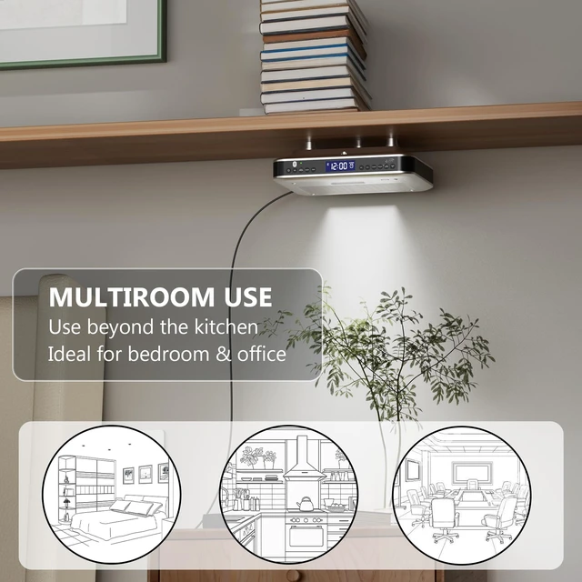Alt view image 7 of 7 - Bluetooth Under Cabinet Radio with Clock, Timer & LED Kitchen Light Dual-Speaker Stereo Streams Music up to 60-FT; 20 Preset Stations, Dimmable LCD Display, Mounts Easily with Included Hardware