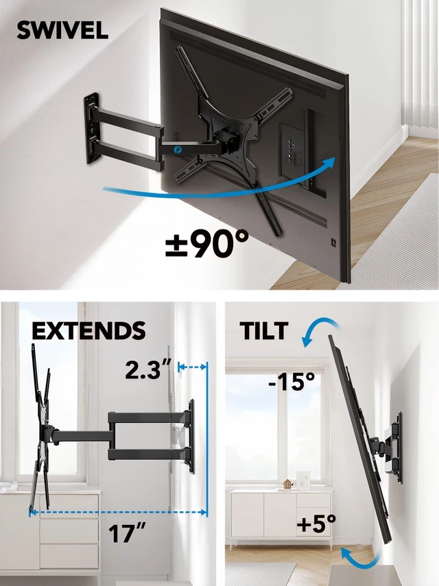 Alt view image 3 of 7 - Full Motion TV Mount for 2660 inch TVs up to 77 lbs Extension, Swivel, Tilt, Level, Single-Stud Centered Design, TV Mount Wall Bracket Perfect for Corners, Max VESA 400x400mm