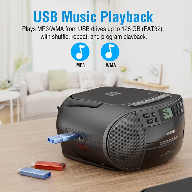 Alt view image 7 of 7 - Portable CD/Cassette Player Boombox with Bluetooth & AM/FM Radio USB Playback, Tape Recording, Clear Stereo Sound, AUX Input, Headphone Jack, Backlit LCD Display, AC/Battery Powered